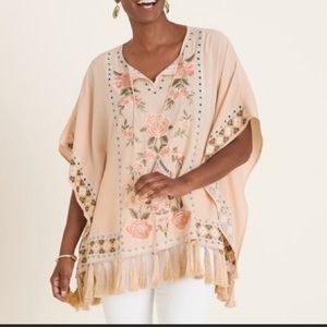 Chico’s Rose Embroidered Tassel Poncho Top